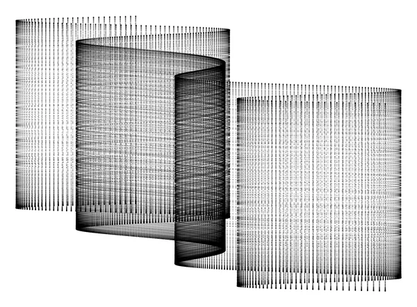 Overlapping translucent cylinders drawn in vertical lines.